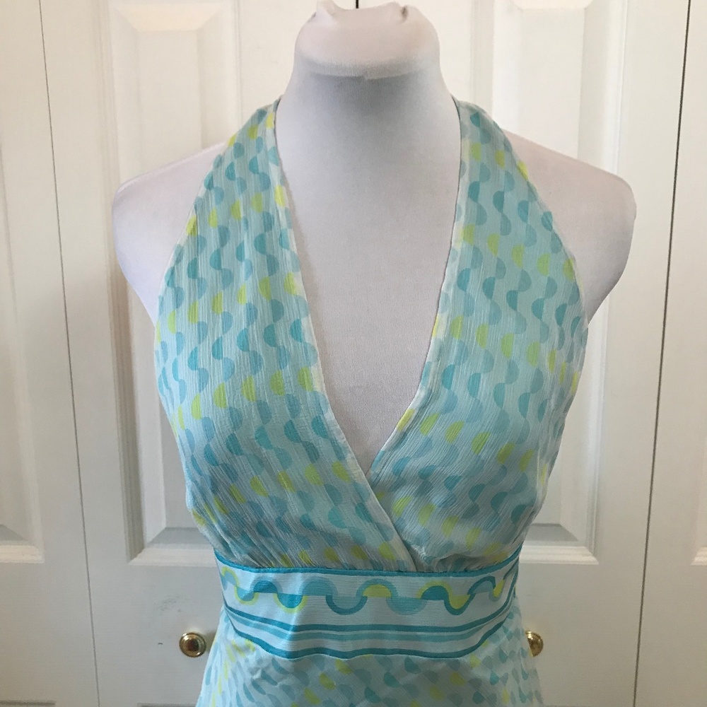 Laundry Shelli Segal Bias Halter Dress Teal Yellow - Picture 2 of 7